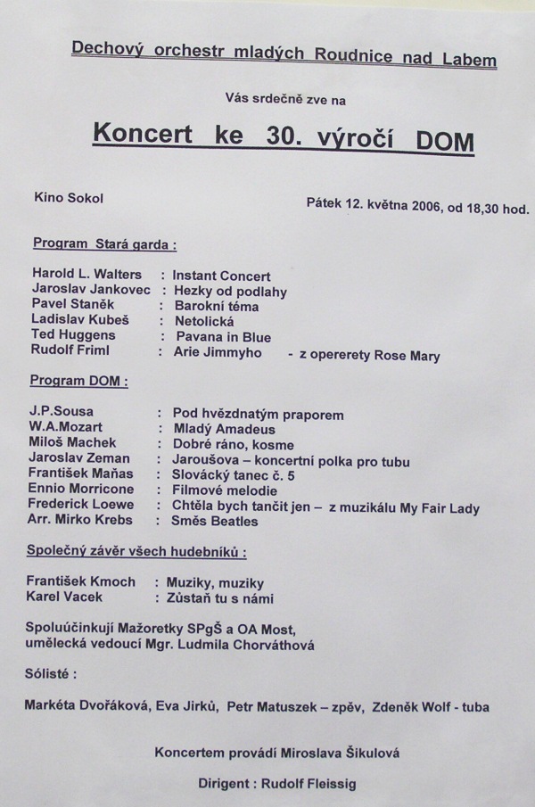 Program koncertu ke třicátému výročí Dechového orchestru mladých
